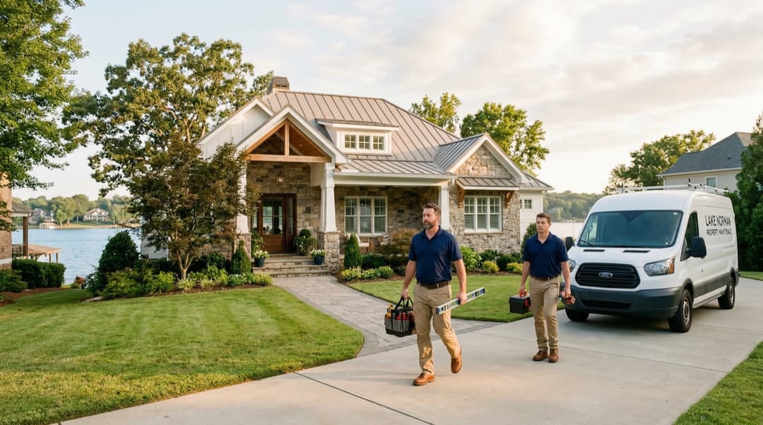 Professional handyman team arriving at an upscale Lake Norman home